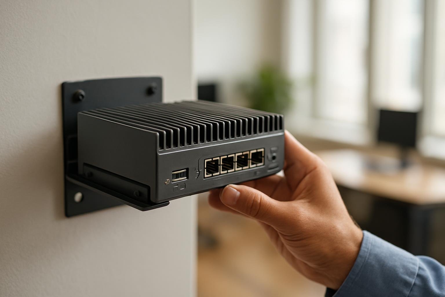 Close-up of edge AI device hardware installation in an office setting